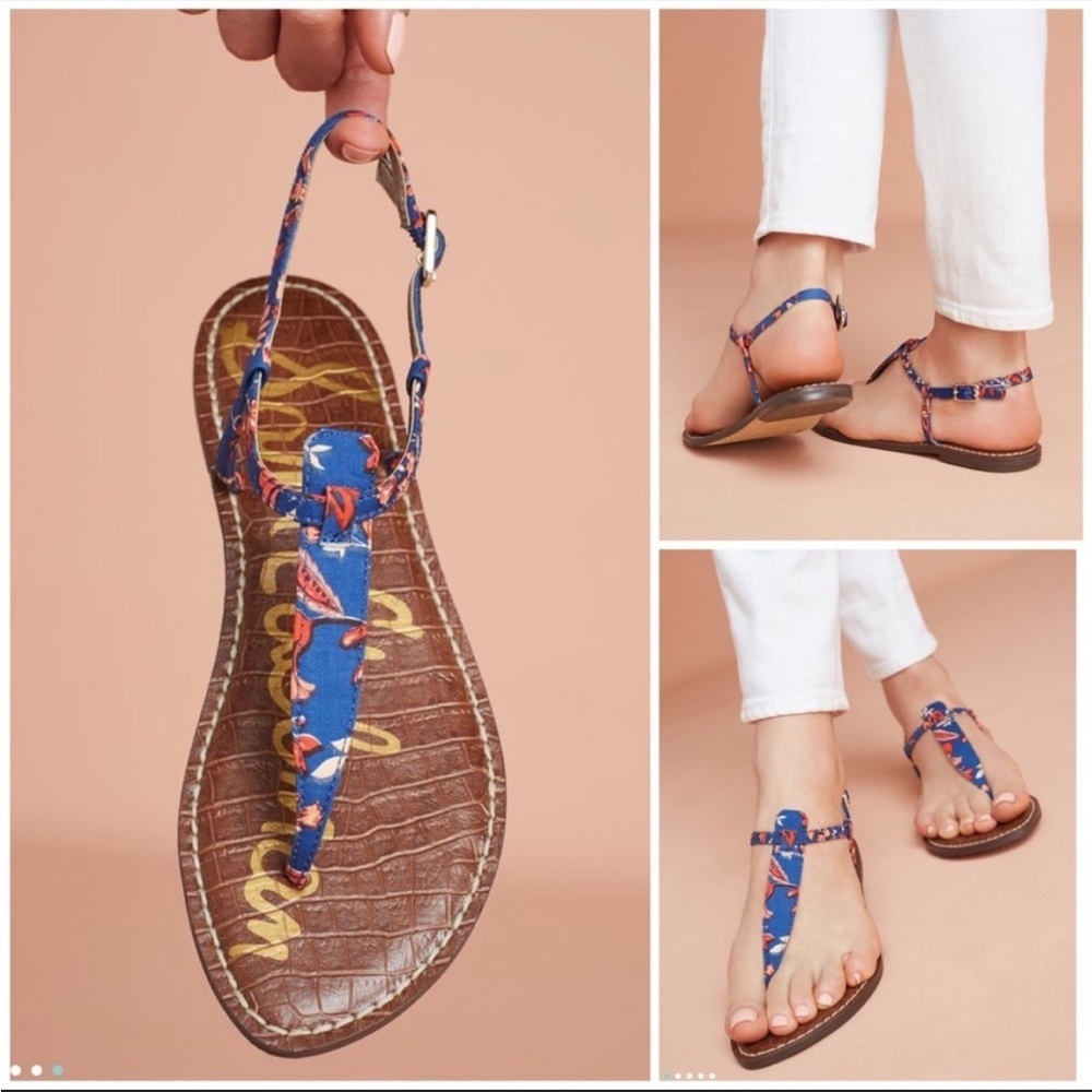 Sam Edelman Gigi Sandal Blue Floral Size 7.5 Summer Shoes Beach t-strap iconic